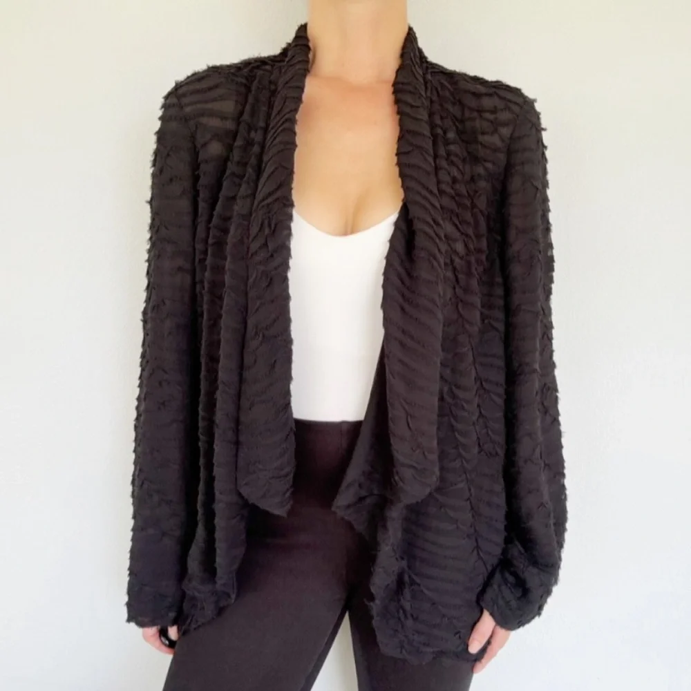 Eileen Fisher black silk sheer textured waterfall drape cardigan size large